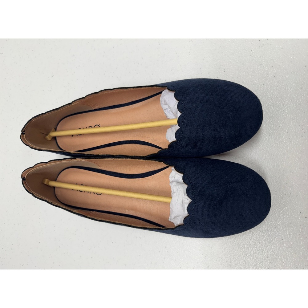 Ashro Scalloped Flat Women 12M Navy Scalloped Trim Slip On Suede Feel